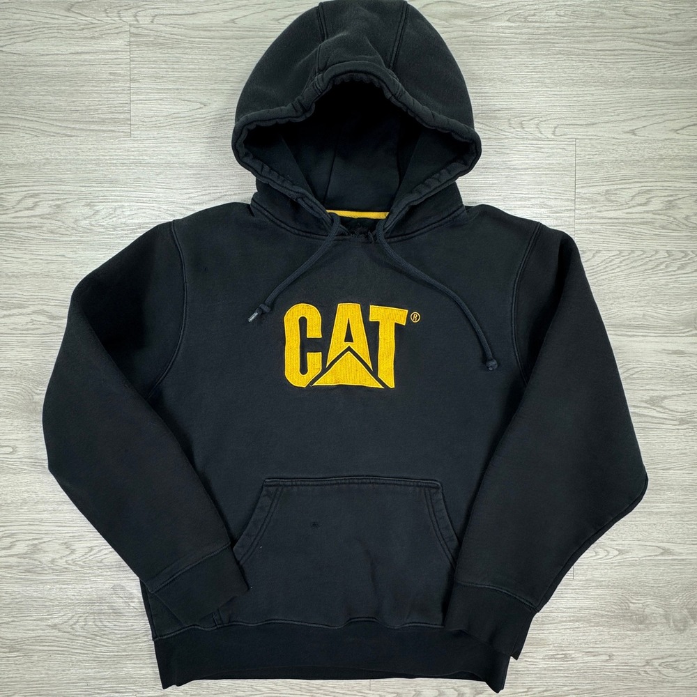 Caterpillar CAT Men's Hoodie Black Large Yellow Embroidered Logo Pocket Pullover